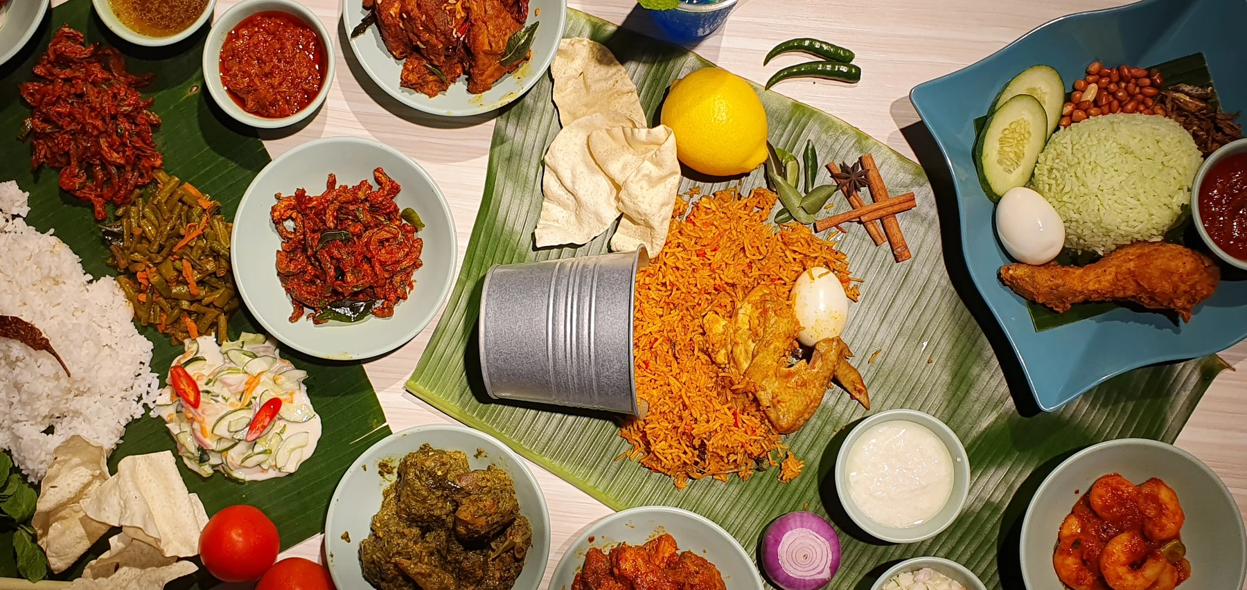 Madam Leela’s briyani on banana leaf, nasi lemak and a spread of curries and accompaniments