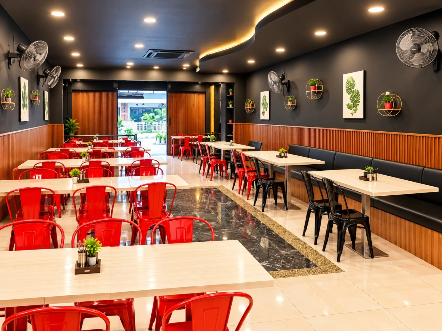 Madam Leela’s dining room in Kota Kemuning, with red chairs and tables ready for guests